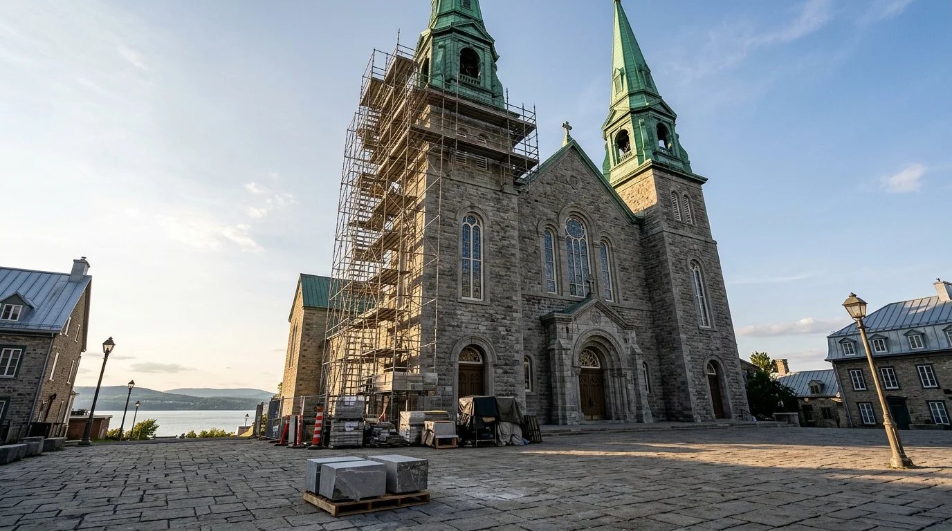 Grande église de pierre grise dont un clocher est sous échafaudage pour la restauration de sa maçonnerie (illustration)